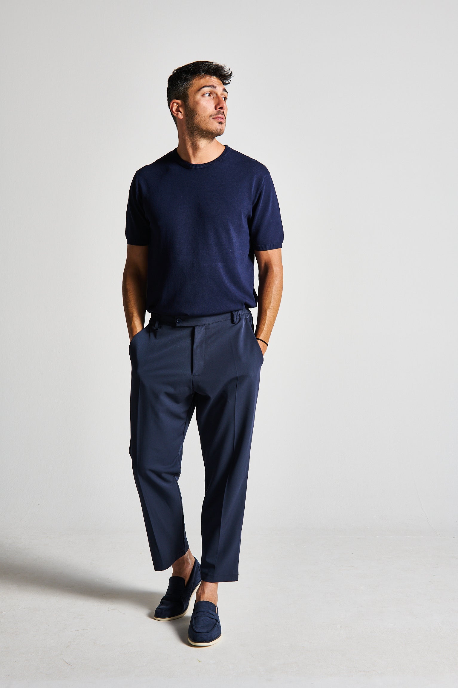 T-SHIRT IN FILO BLU GIROCOLLO