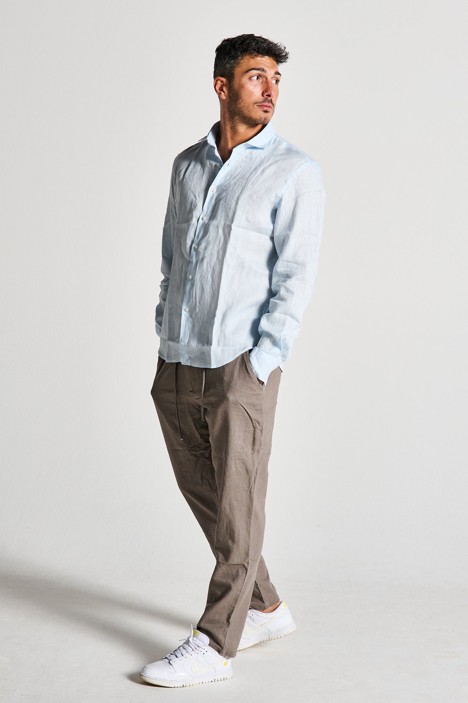 CAMICIA IN LINO AZZURRO COLLO FRANCESE
