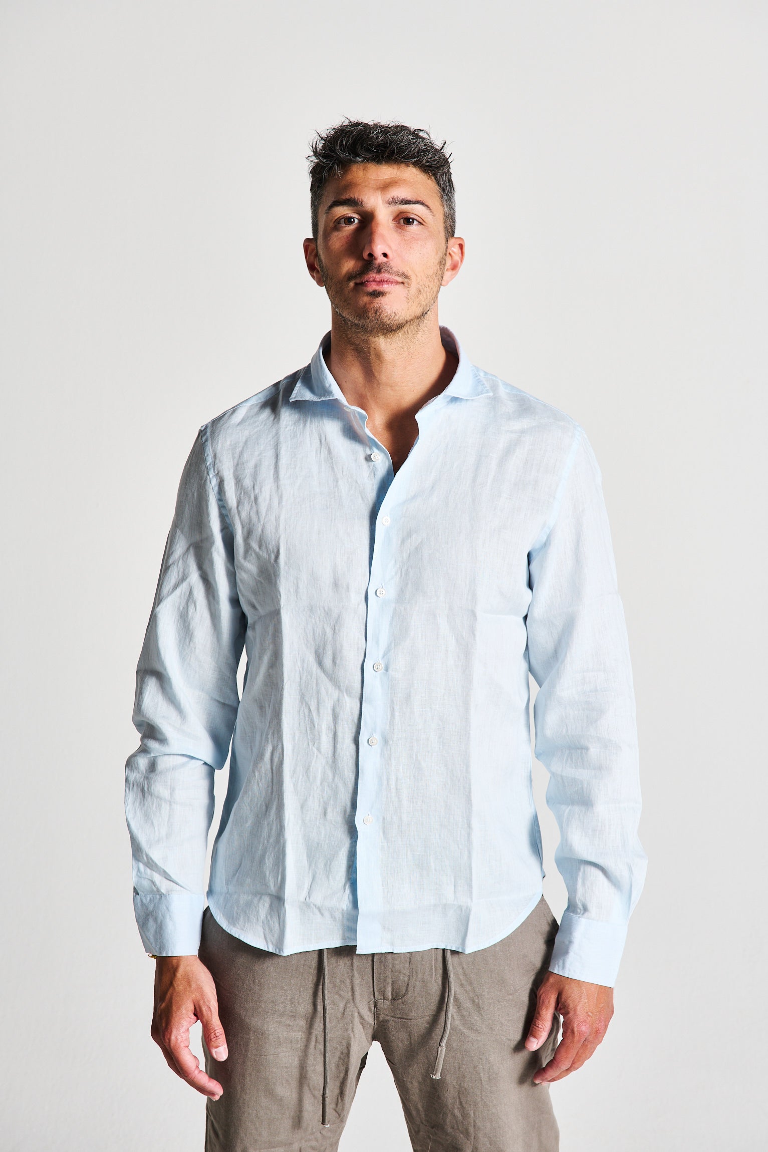 CAMICIA IN LINO AZZURRO COLLO FRANCESE