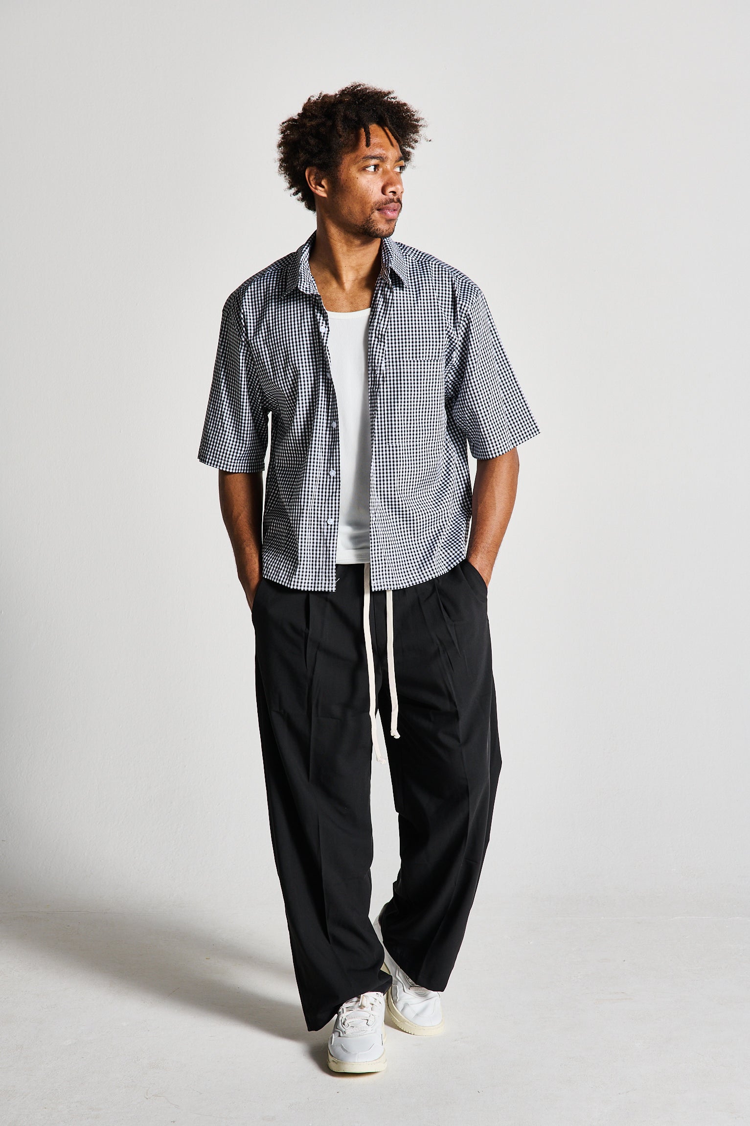 CAMICIA MEZZA MANICA A QUADRI NERA