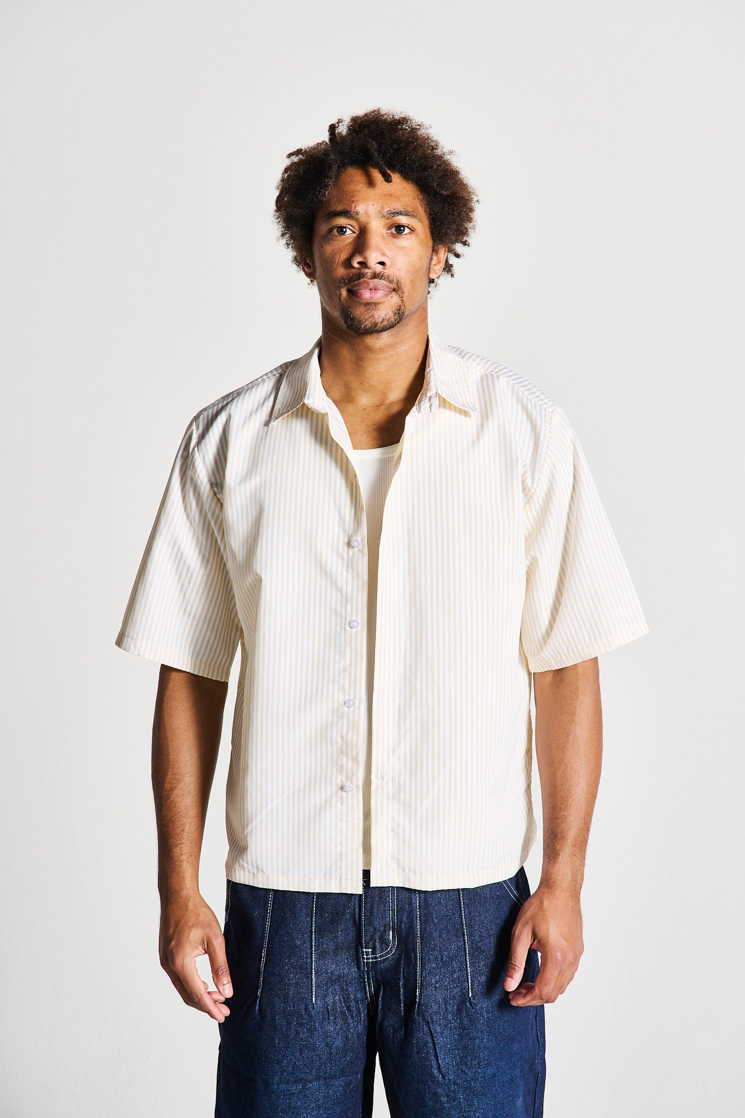 CAMICIA MEZZA MANICA A RIGHE BEIGE