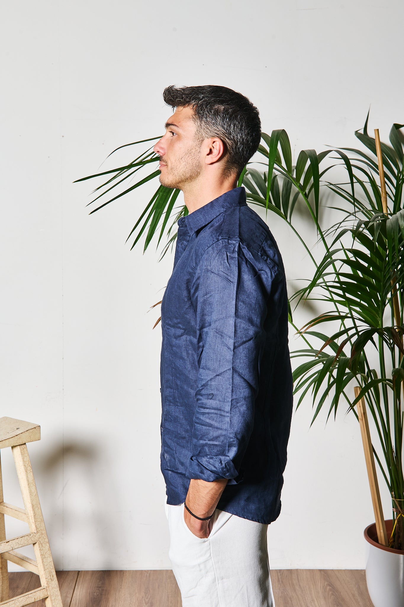 CAMICIA IN LINO BLU COLLO ALLA FRANCESE