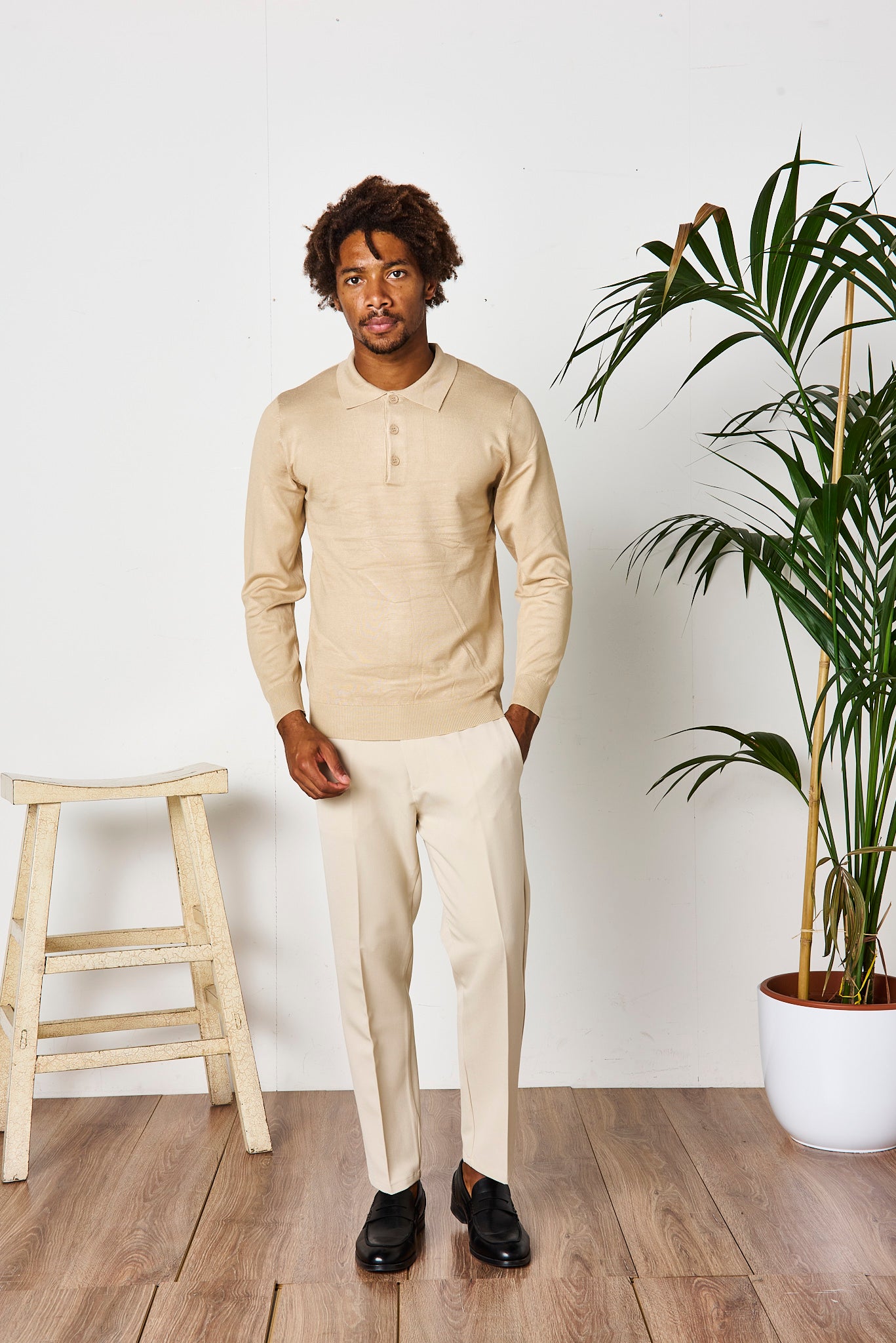 POLO IN FILO MANICA LUNGA BEIGE