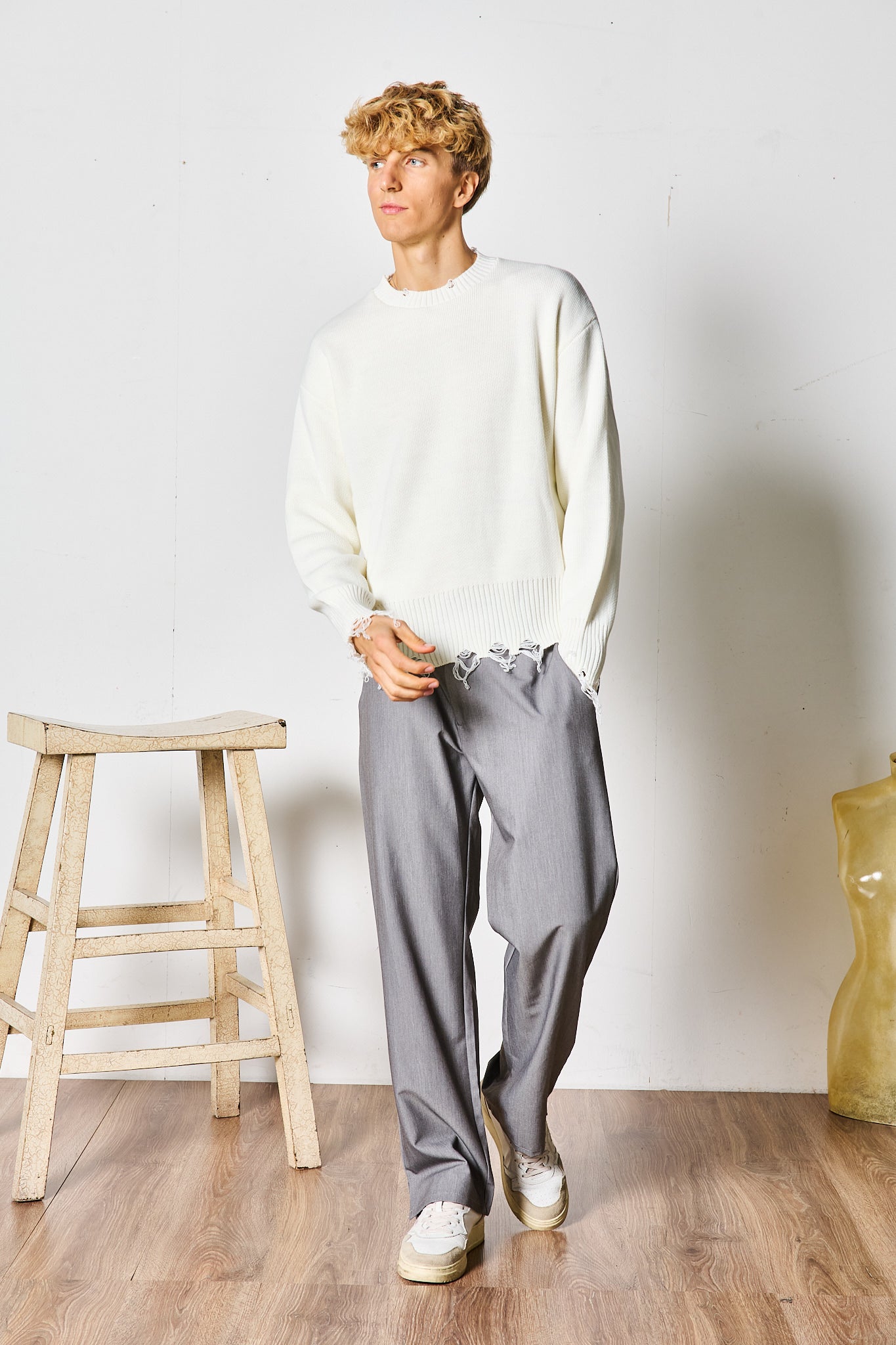 MAGLIONE SFRANGIATO PANNA
