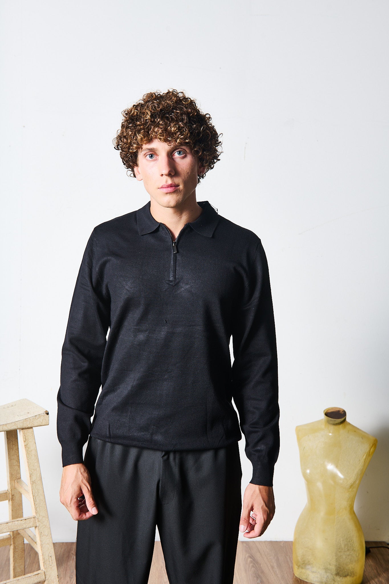 POLO ZIP NERA MANICA LUNGA