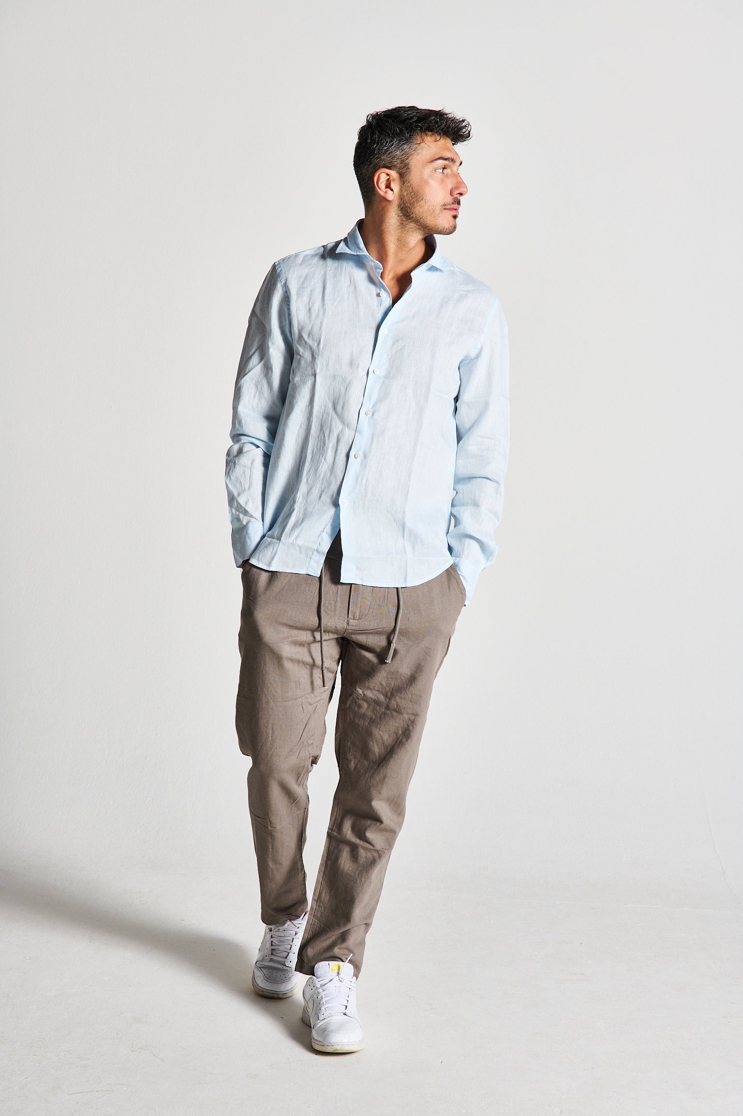 CAMICIA IN LINO AZZURRO COLLO FRANCESE