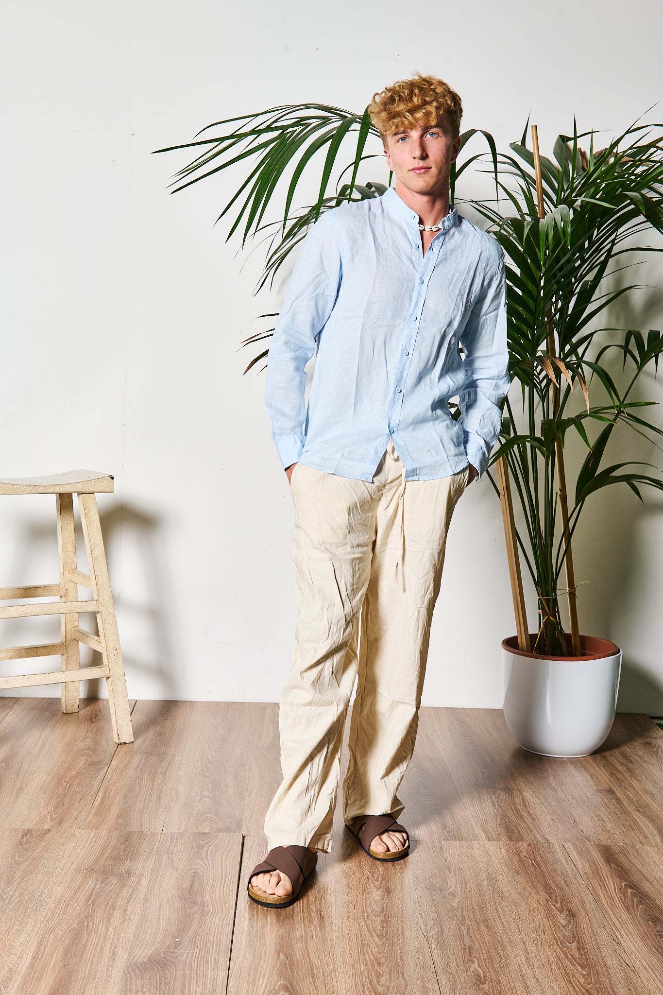 CAMICIA IN LINO AZZURRA COREANA
