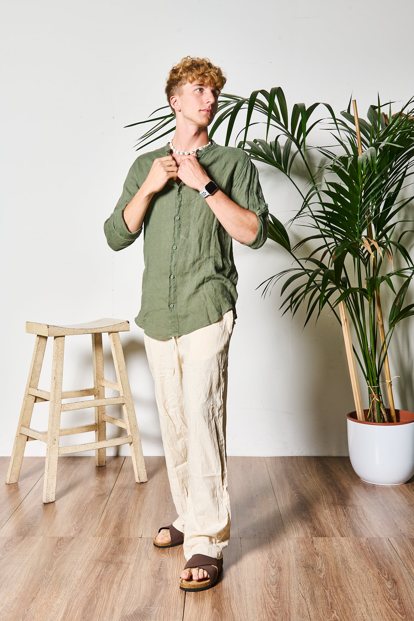 CAMICIA COREANA IN LINO VERDE MILITARE