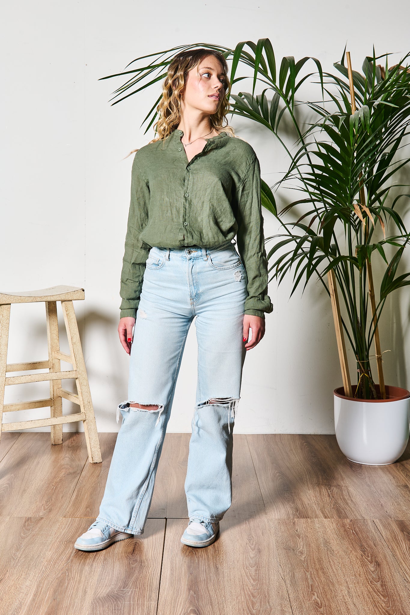 CAMICIA IN LINO VERDE MILITARE PER LEI