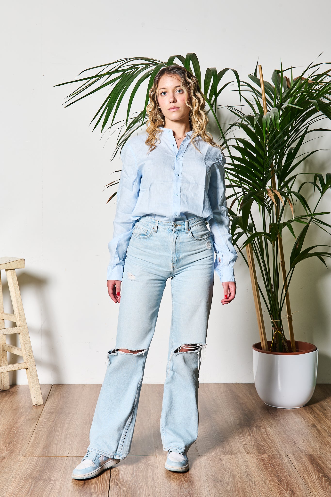 CAMICIA IN LINO COREANA AZZURRA PER LEI