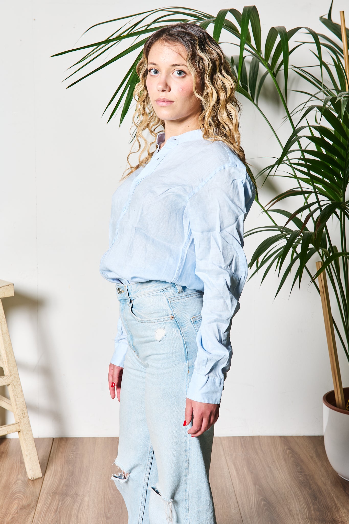 CAMICIA IN LINO COREANA AZZURRA PER LEI