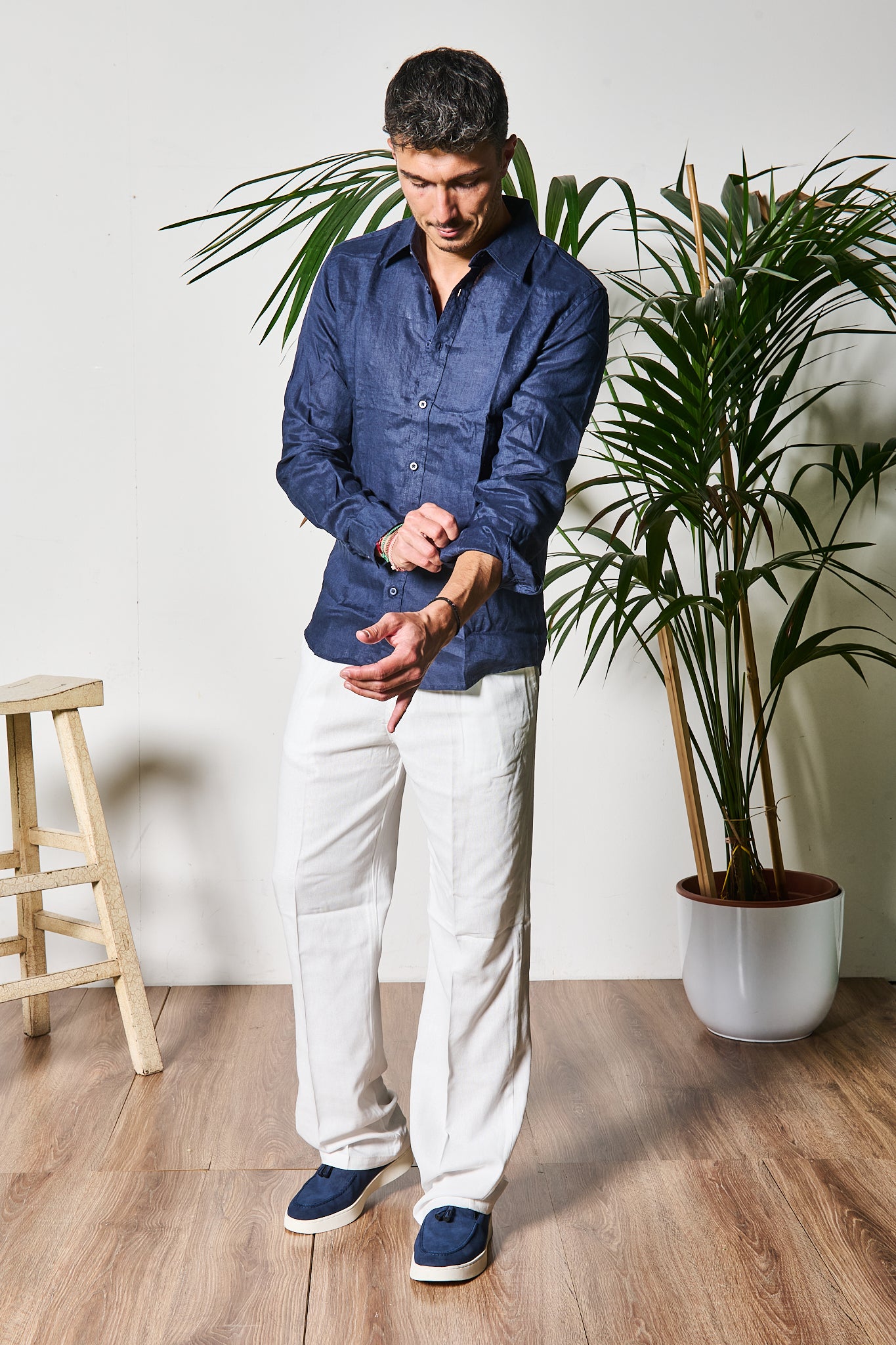 CAMICIA IN LINO BLU COLLO ALLA FRANCESE
