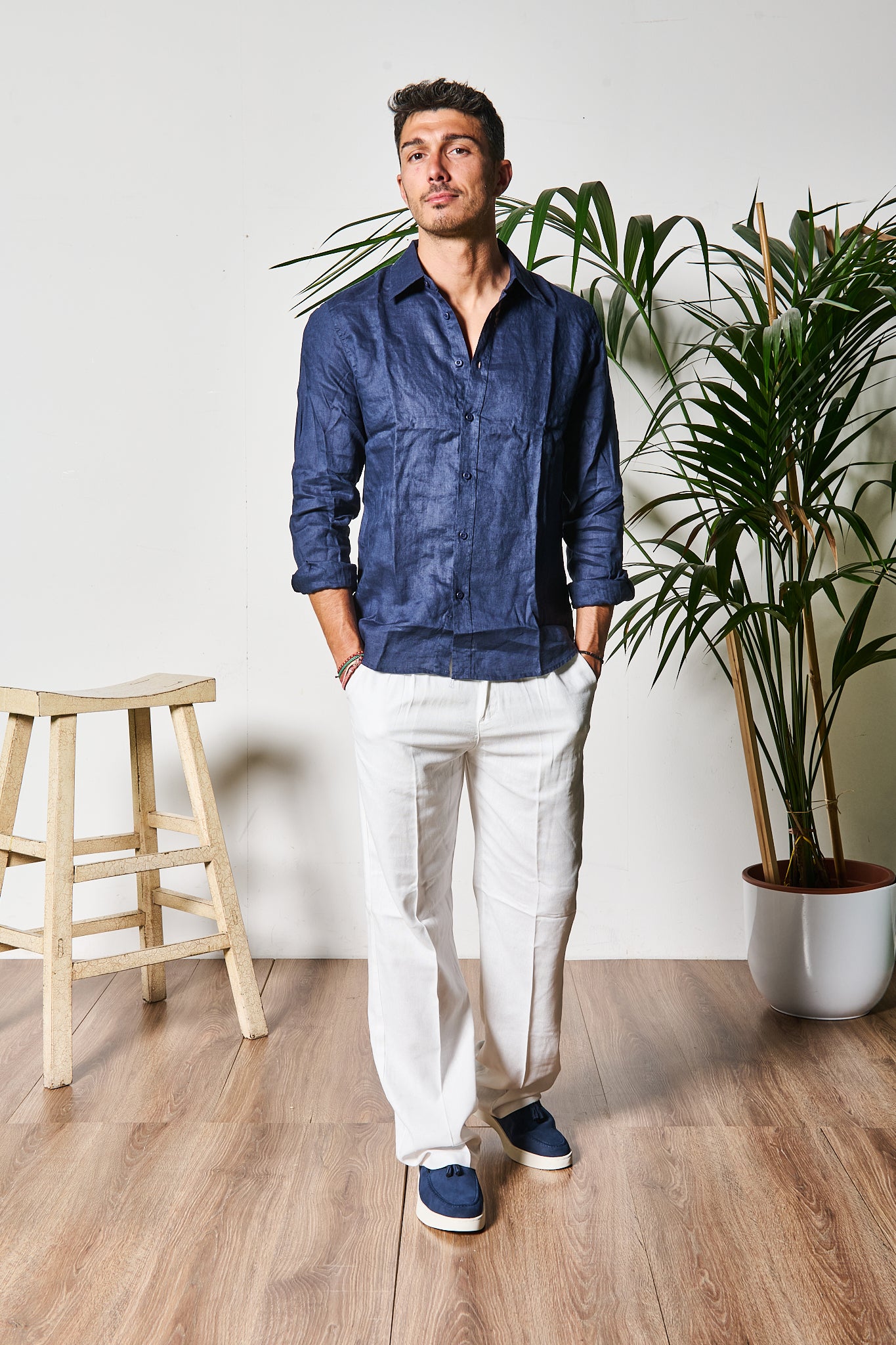 CAMICIA IN LINO BLU COLLO ALLA FRANCESE